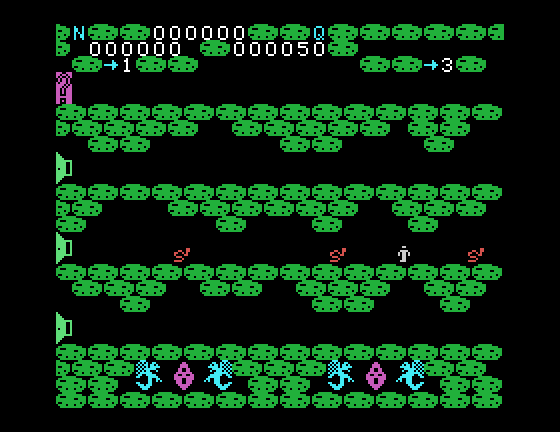 Cavern Quest TI-99/4A Screenshot: The second floor has snakes as an opponent.