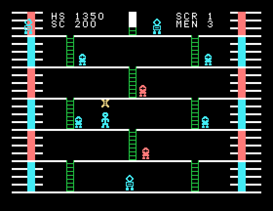 Robot Runner TI-99/4A Screenshot: Jump up into that yellow contraption to be instantly transported to the top of the screen.