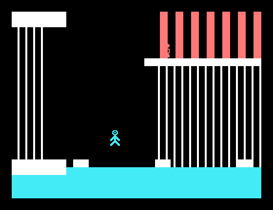Robot Runner TI-99/4A Screenshot: Falling to my death...my jump was poorly timed!
