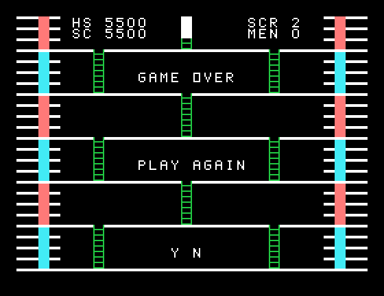 Robot Runner TI-99/4A Screenshot: Game over.