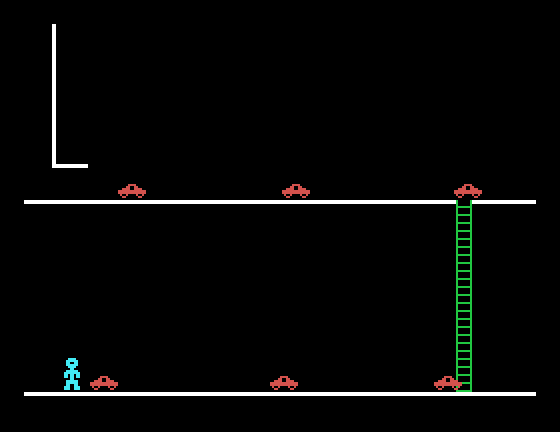Robot Runner TI-99/4A Screenshot: Jump quickly to avoid the robo-cars!