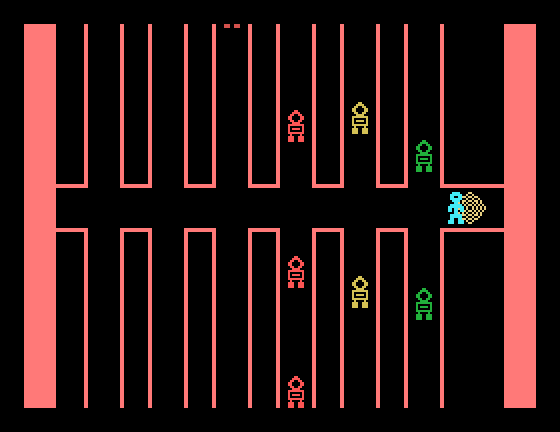 Robot Runner TI-99/4A Screenshot: I made it to the end, and the screen flashes different colors.