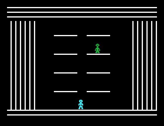 Robot Runner TI-99/4A Screenshot: Here come the enemy leaders! Shoot them before they reach you...