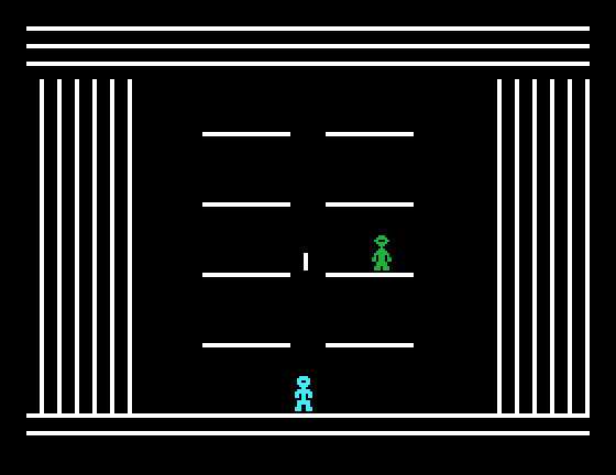 Robot Runner TI-99/4A Screenshot: Firing again, but I missed...