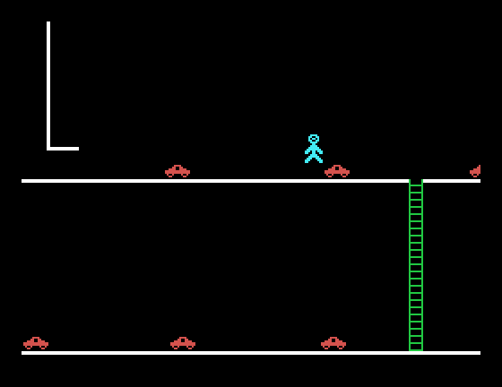 Robot Runner TI-99/4A Screenshot: Leaping over a car...