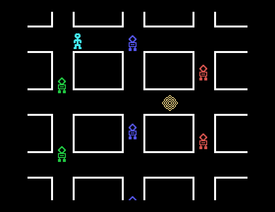 Robot Runner TI-99/4A Screenshot: Try to reach that yellow target in the middle.