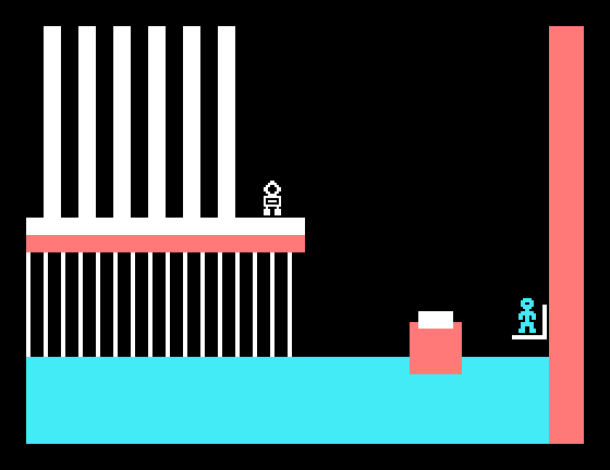 Robot Runner TI-99/4A Screenshot: Now jump to the platform while there is still time!