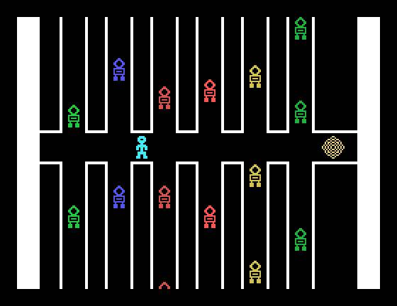 Robot Runner TI-99/4A Screenshot: Run to the target without touching the robots!