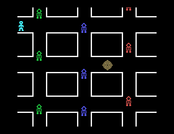 Robot Runner TI-99/4A Screenshot: Once you start moving on this screen, you can't stop, only change direction.