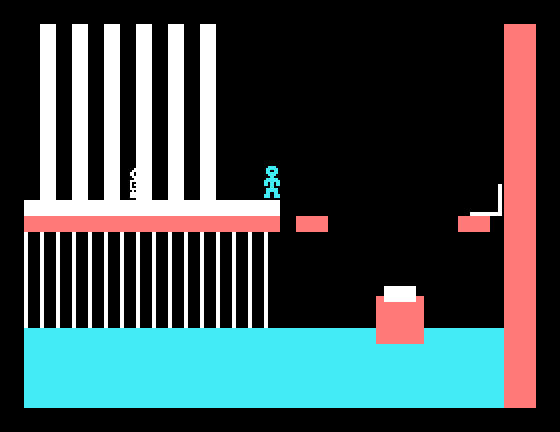 Robot Runner TI-99/4A Screenshot: You'll need to jump quick to avoid the robot sneaking up from behind.