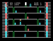 Robot Runner for TI-99/4A - Jump up into that yellow contraption to be instantly transported to the top of the screen.