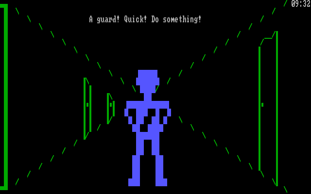 Asylum IBM PC/Compatibles Screenshot: Oh no, a guard! Do something! Quick!