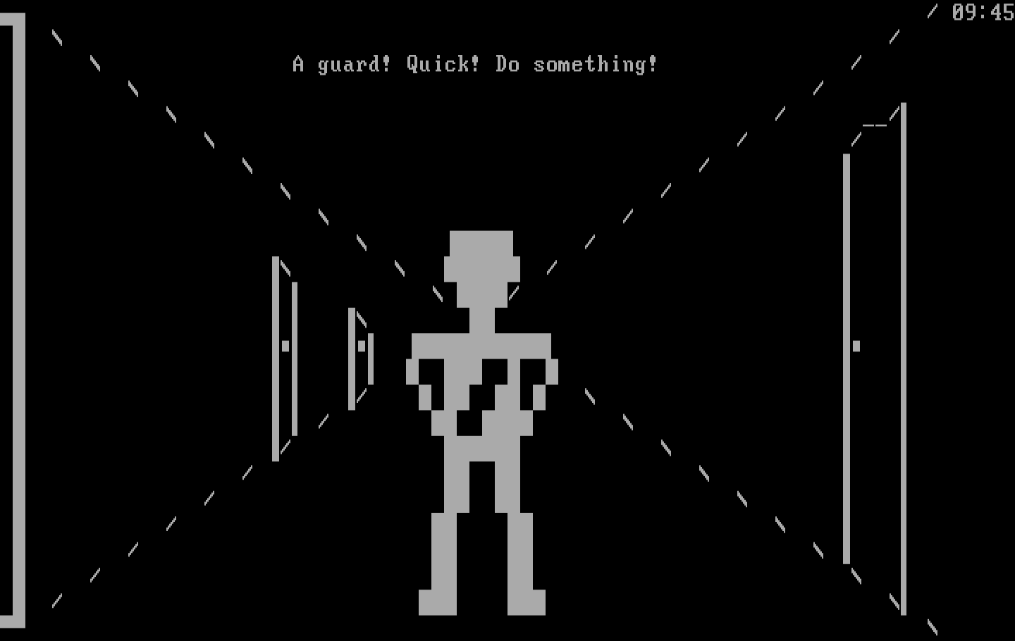 Asylum IBM PC/Compatibles Screenshot: Oh no, a guard! Do something! Quick!