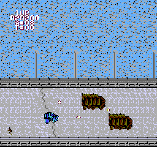 BreakThru NES / Famicom Screenshot: Trucks block the road...