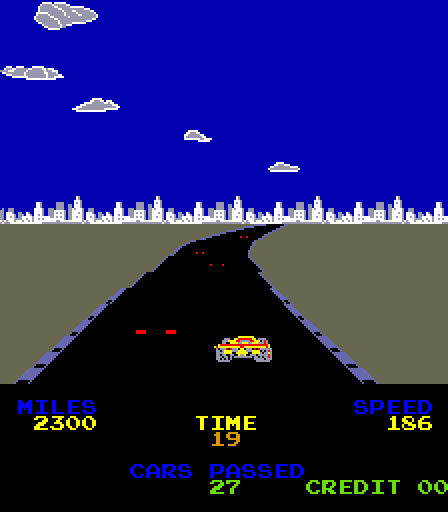 Driving Force Arcade Screenshot: It's dark so I can only see tail lights of other cars...