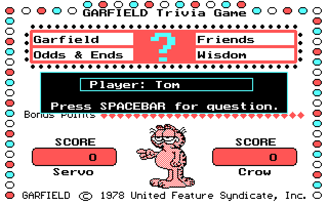 Garfield Trivia Game IBM PC/Compatibles Screenshot: Press space bar to begin!
