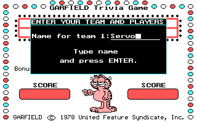 Garfield Trivia Game IBM PC/Compatibles Screenshot: In team mode you can name your team and up to five players per team.