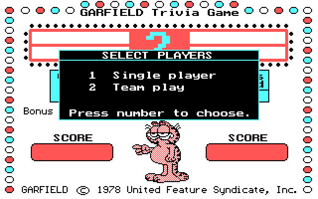 Garfield Trivia Game IBM PC/Compatibles Screenshot: Single player game, or team mode?