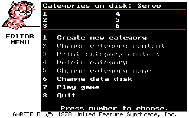 Garfield Trivia Game IBM PC/Compatibles Screenshot: Editor main menu.