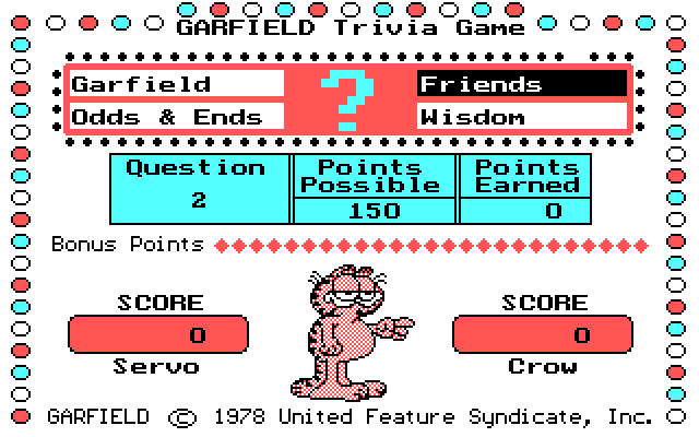 Garfield Trivia Game IBM PC/Compatibles Screenshot: The dots around the categories spin in a circle until one is randomly selected.