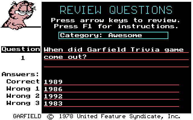 Garfield Trivia Game IBM PC/Compatibles Screenshot: Preview your questions to make sure you like them.
