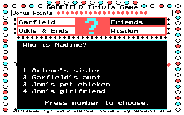 Garfield Trivia Game IBM PC/Compatibles Screenshot: Here's the question...