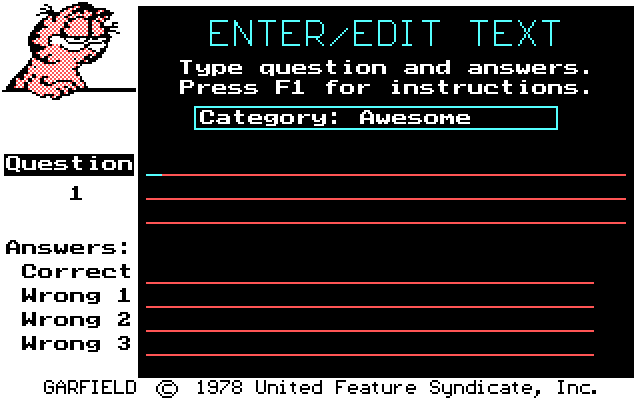 Garfield Trivia Game IBM PC/Compatibles Screenshot: Writing some questions for my new awesome category.