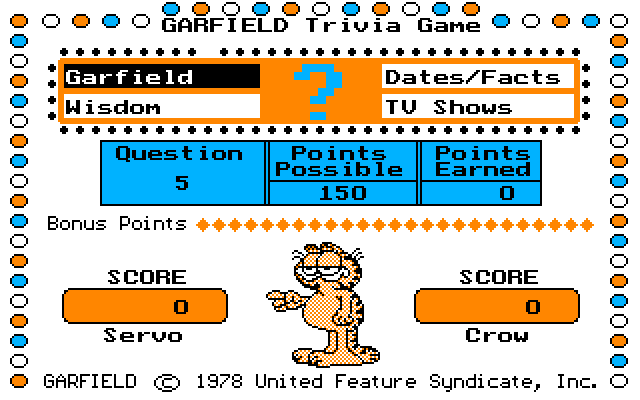 Garfield Trivia Game IBM PC/Compatibles Screenshot: The dots around the categories spin around until one is randomly chosen...