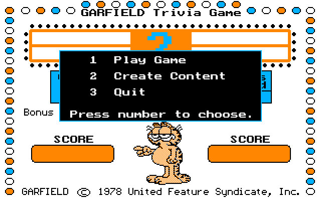 Garfield Trivia Game IBM PC/Compatibles Screenshot: Main menu.