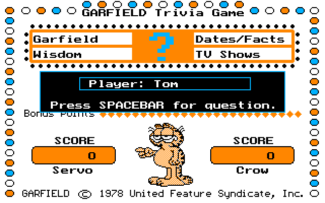 Garfield Trivia Game IBM PC/Compatibles Screenshot: Press space bar to begin!