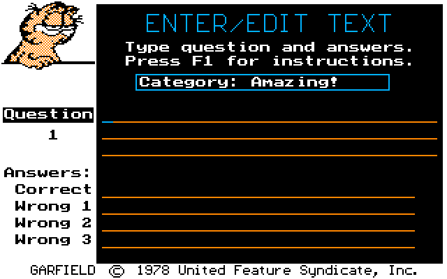 Garfield Trivia Game IBM PC/Compatibles Screenshot: Create a new question for my new amazing category...