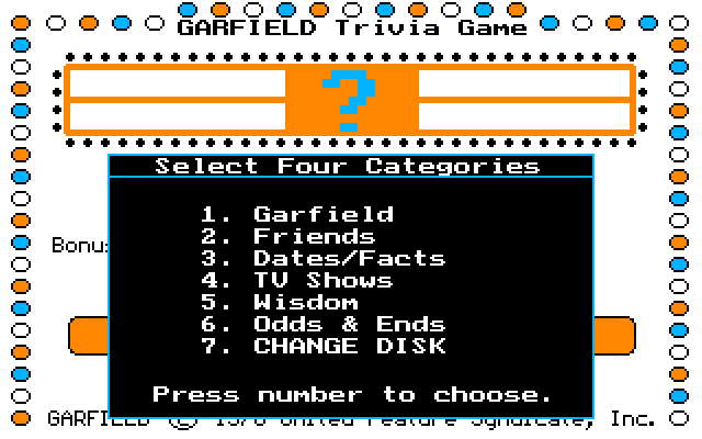Garfield Trivia Game IBM PC/Compatibles Screenshot: For each game you need to choose four categories.