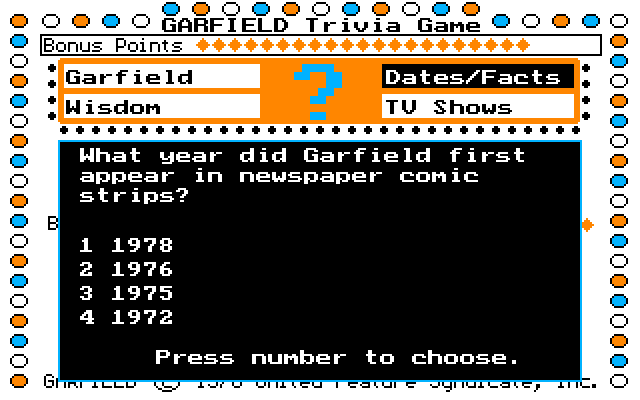 Garfield Trivia Game IBM PC/Compatibles Screenshot: Here's the question...