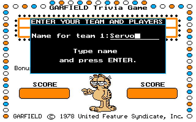 Garfield Trivia Game IBM PC/Compatibles Screenshot: Each team can be named and have up to five named players.
