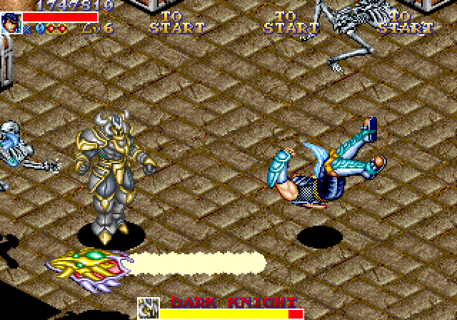 Dungeon Magic Arcade Screenshot: Gren is losing the battle with the Dark Knight.