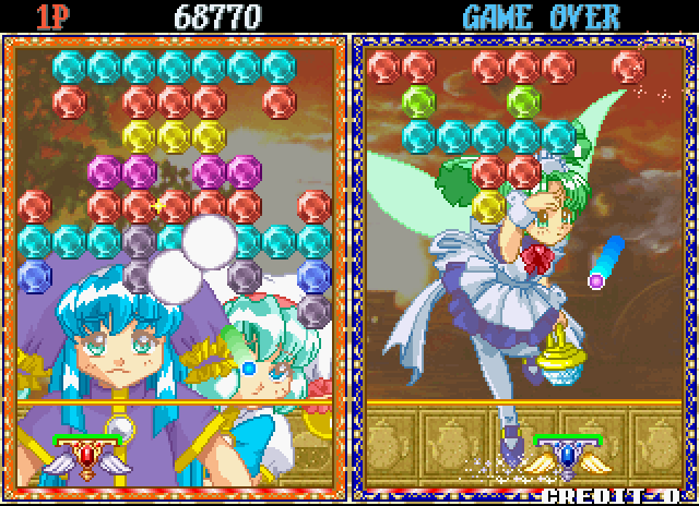Puchi Carat Arcade Screenshot: Things are looking grim for player 1!