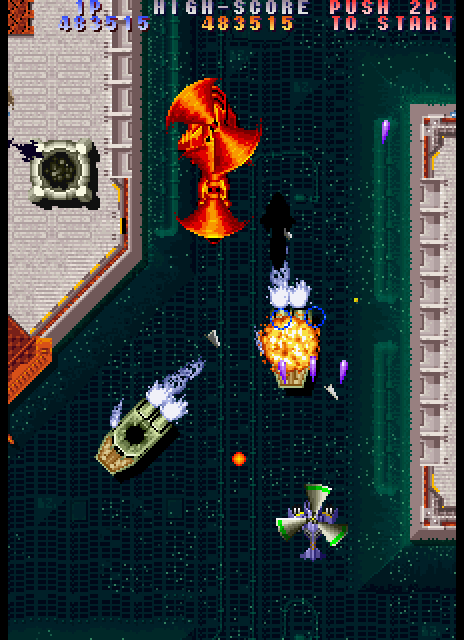 Twin Cobra II Arcade Screenshot: Flying up a river...