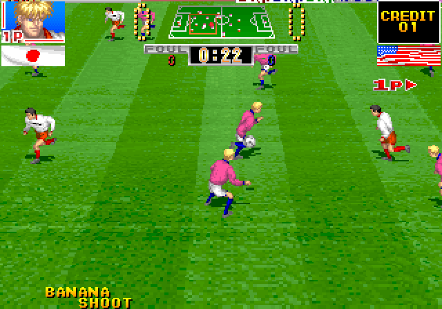 Hat Trick Hero '93: Campeon De Futbol Arcade Screenshot: Computer player has the ball...