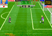 Hat Trick Hero '93: Campeon De Futbol for Arcade - Preparing to kick the ball away from the goal.