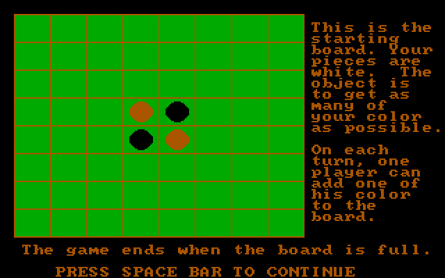 Strategy Games IBM PC/Compatibles Screenshot: Reversi game instructions, part 1...