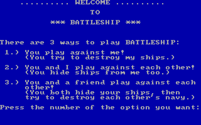Strategy Games IBM PC/Compatibles Screenshot: Welcome to Battleship!