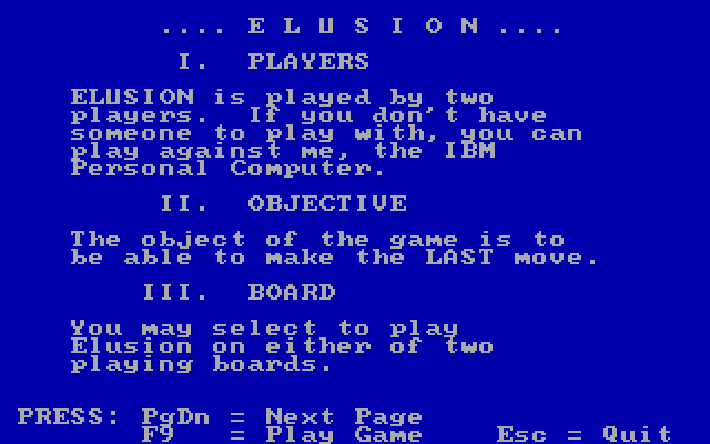 Strategy Games IBM PC/Compatibles Screenshot: Elusion game instructions.