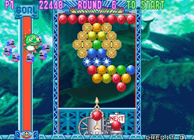 Bust-A-Move 3 Arcade Screenshot: Where should I place this red bubble?