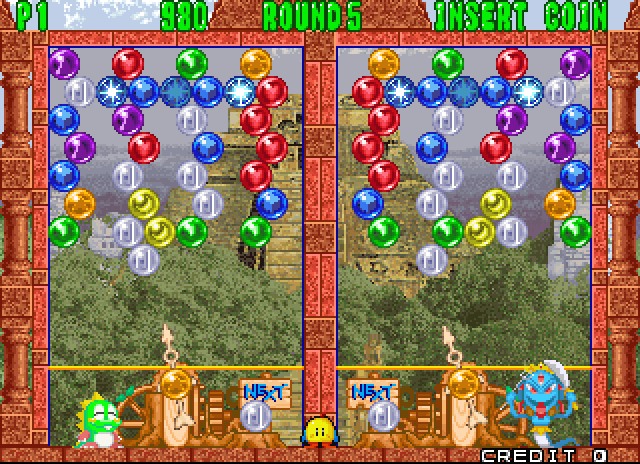 Bust-A-Move Again Arcade Screenshot: This level starts out sparse, but your opponent is quick!