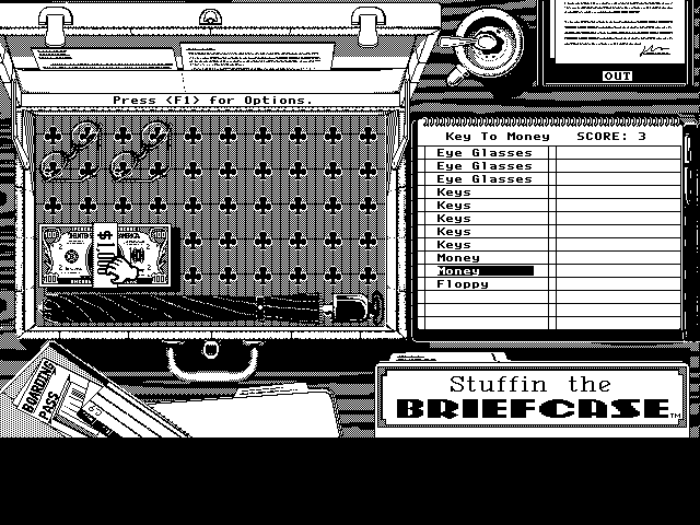Getaway IBM PC/Compatibles Screenshot: Stuffin the Briefcase: Each game has different items to stuff in.