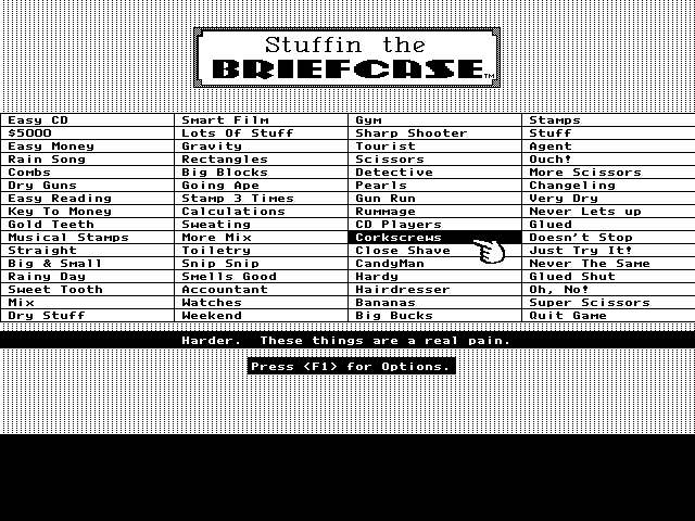 Getaway IBM PC/Compatibles Screenshot: Stuffin the Briefcase: Select a game option.