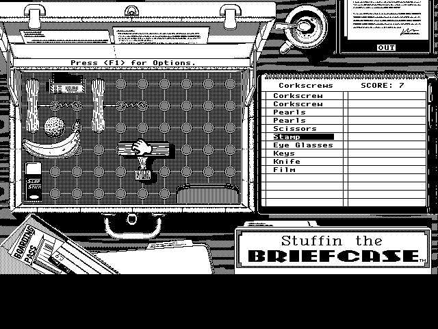Getaway IBM PC/Compatibles Screenshot: Stuffin the Briefcase: Placing items in the briefcase...