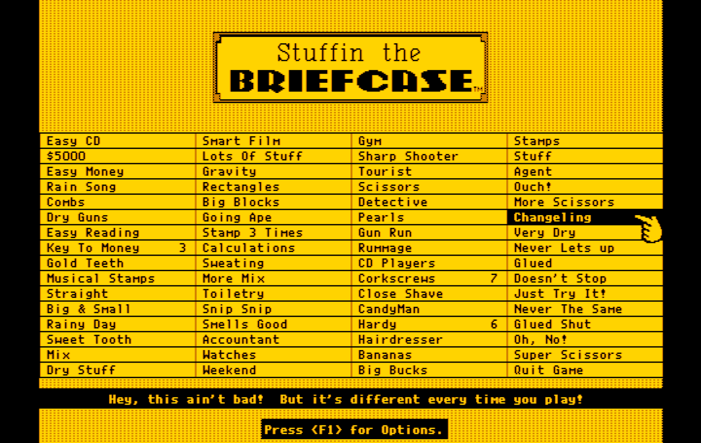 Getaway IBM PC/Compatibles Screenshot: Stuffin the Briefcase: Select a briefcase to stuff...