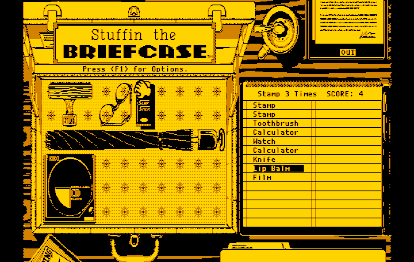 Getaway IBM PC/Compatibles Screenshot: Stuffin the Briefcase: More items to stuff...