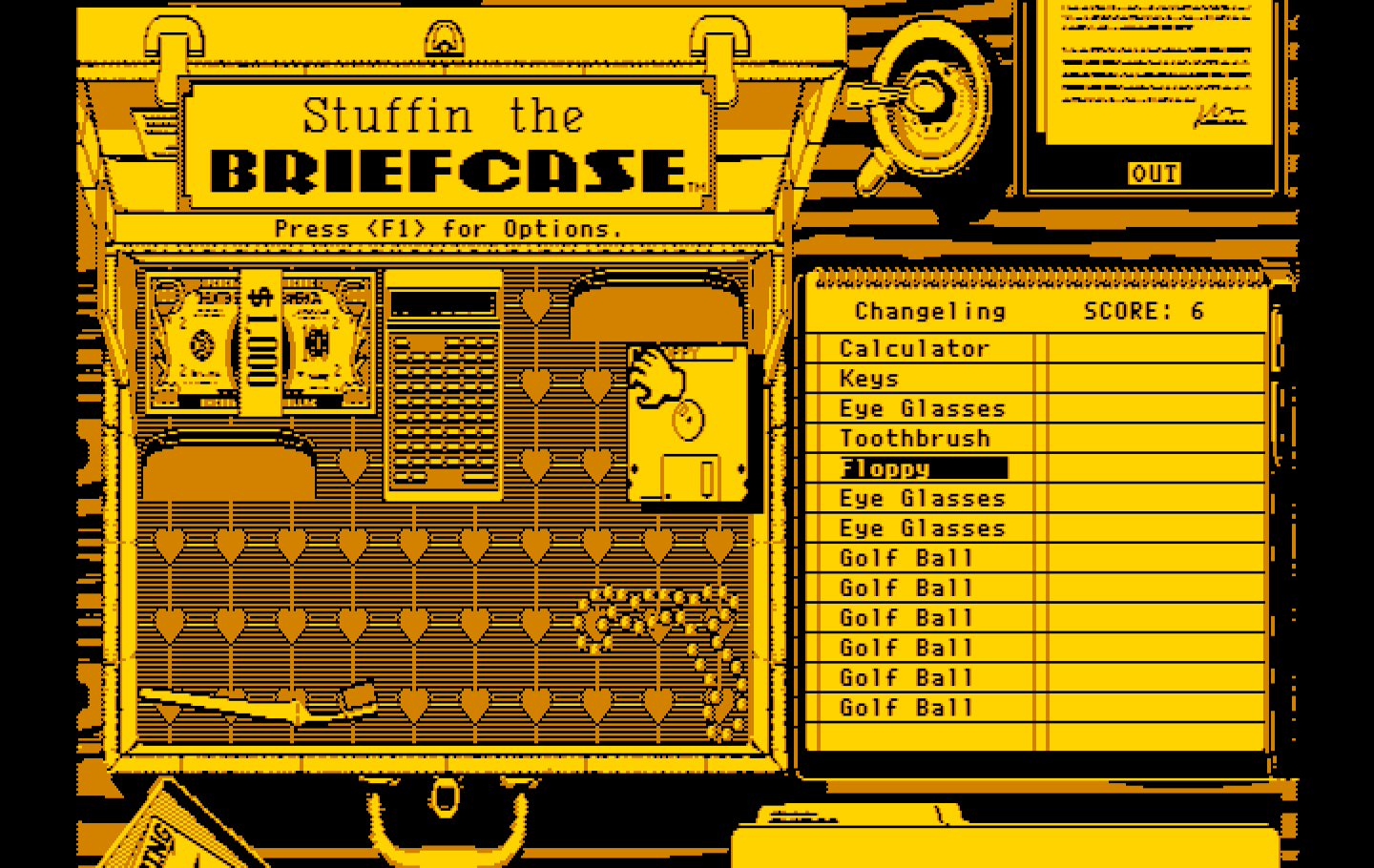 Getaway IBM PC/Compatibles Screenshot: Stuffin the Briefcase: Placing items in the briefcase...